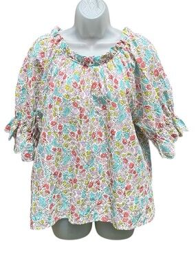 JENNIFER & GRACE Women XL Floral Embroidered Eyelet Puff Peasant Top Blouse.
